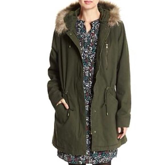 BANANA REPUBLIC Hooded Utility Parka Coat SZ S Army Olive Green Mid Length Twill - Picture 2 of 12
